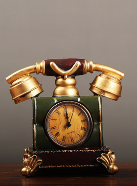 创意复古电话机钟表摆件个性钟表 欧式客厅电视机柜装饰时钟摆设