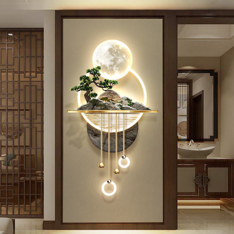 3d立体浮雕玄关装饰画流水生财走廊尽头迎客松山水挂画led壁画灯