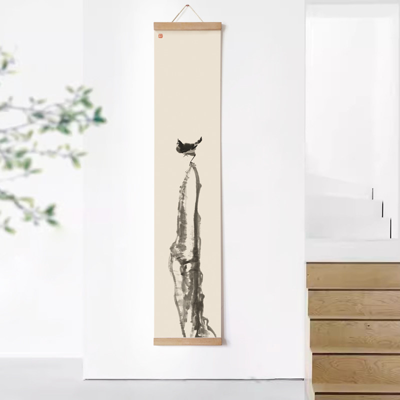 新中式背景墙装饰画花鸟国画卷轴画古代名家水墨画茶室竖长挂轴画
