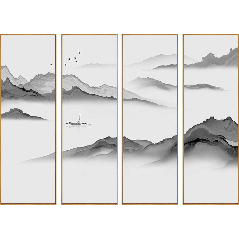 新中式装饰画客厅沙发背景墙茶室墙面挂画禅意山水画四联水墨壁画