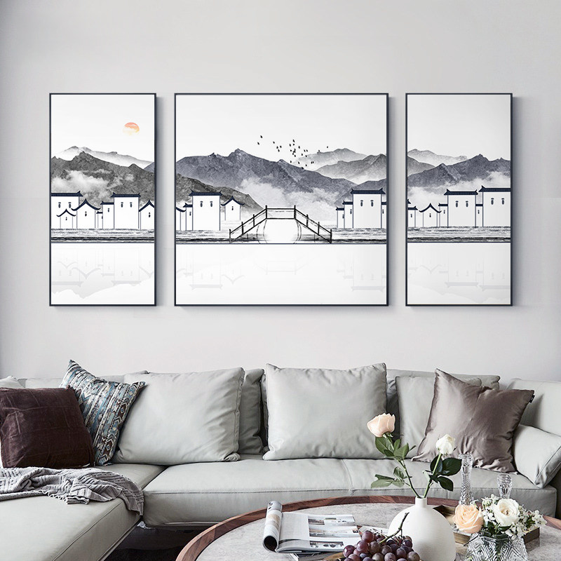 新中式卧室床头挂画客厅沙发背景墙装饰画中国风禅意山水三联国画