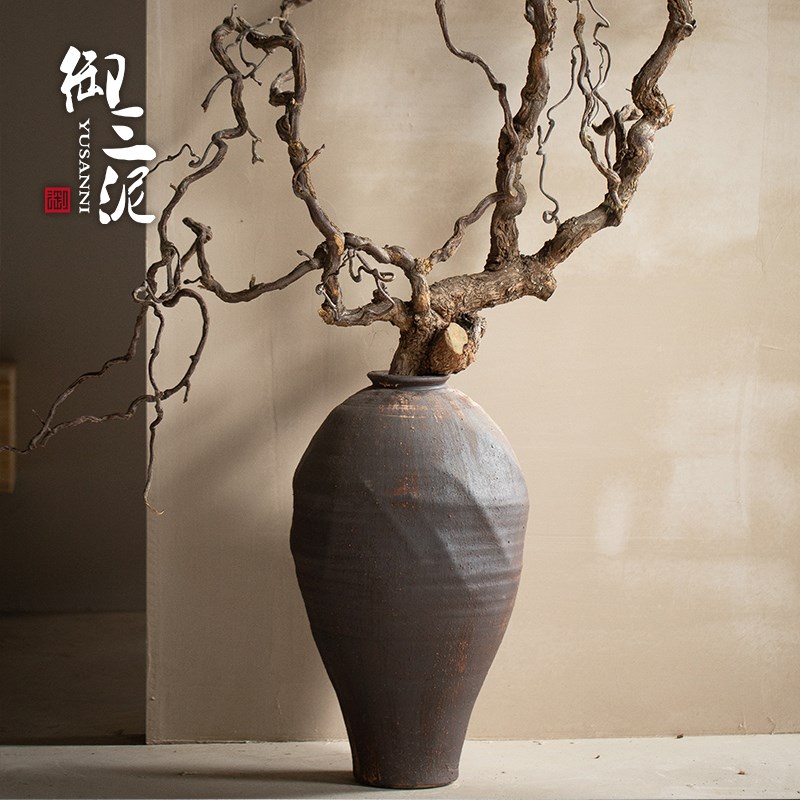 景德镇复古陶瓷落地大花盆禅意侘寂风陶罐客厅玄关摆件插花装饰品