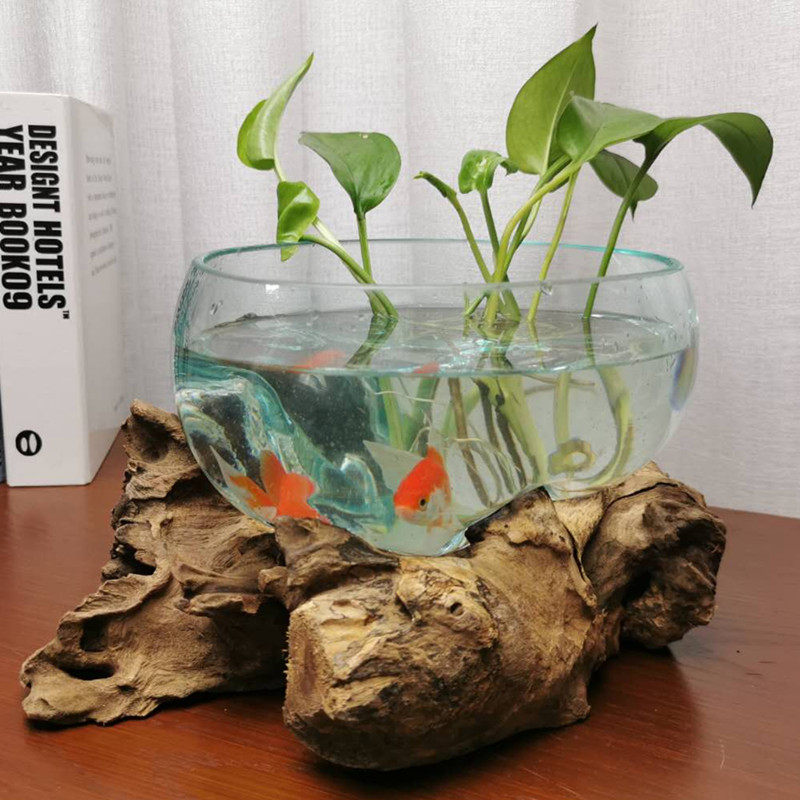 沉木枯木创意个性绿萝铜钱草玻璃水培花插 禅意 新中式小鱼缸摆件