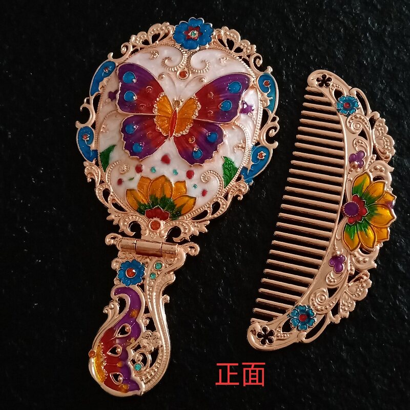 创意便携手柄台镜蝴蝶复古折叠随身朋友礼品粉色化妆镜梳子套装镜