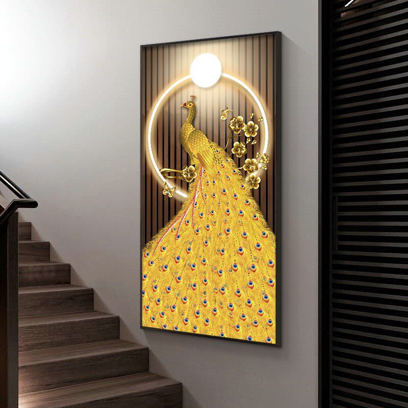 入户新中式孔雀玄关装饰画轻奢过道走廊寓意挂画竖版客厅好的定做