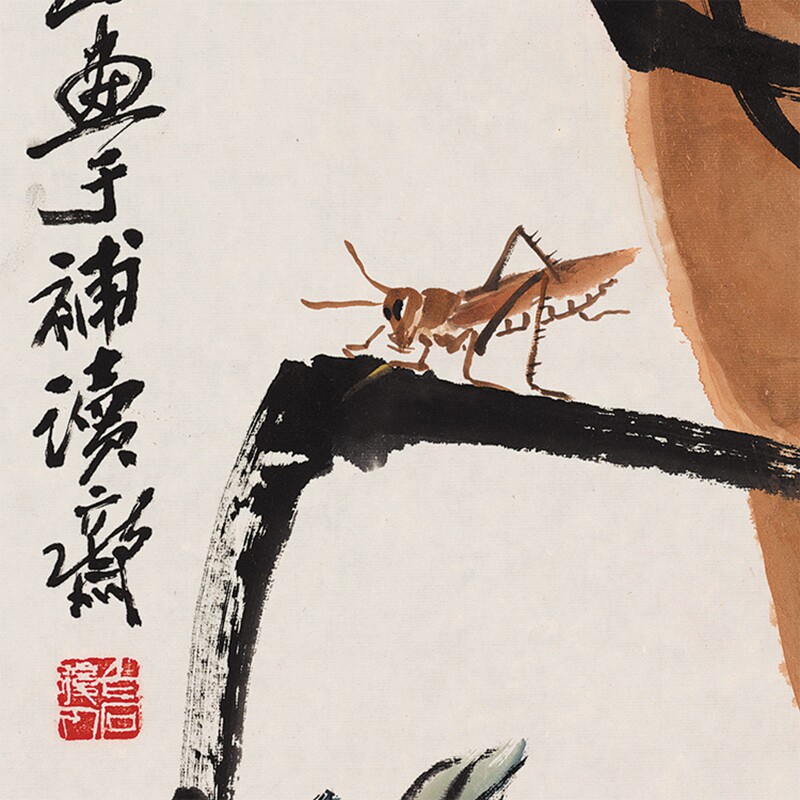 近代齐白石菊酒益寿图原大条幅装饰画仿古字画高清原作版画微喷