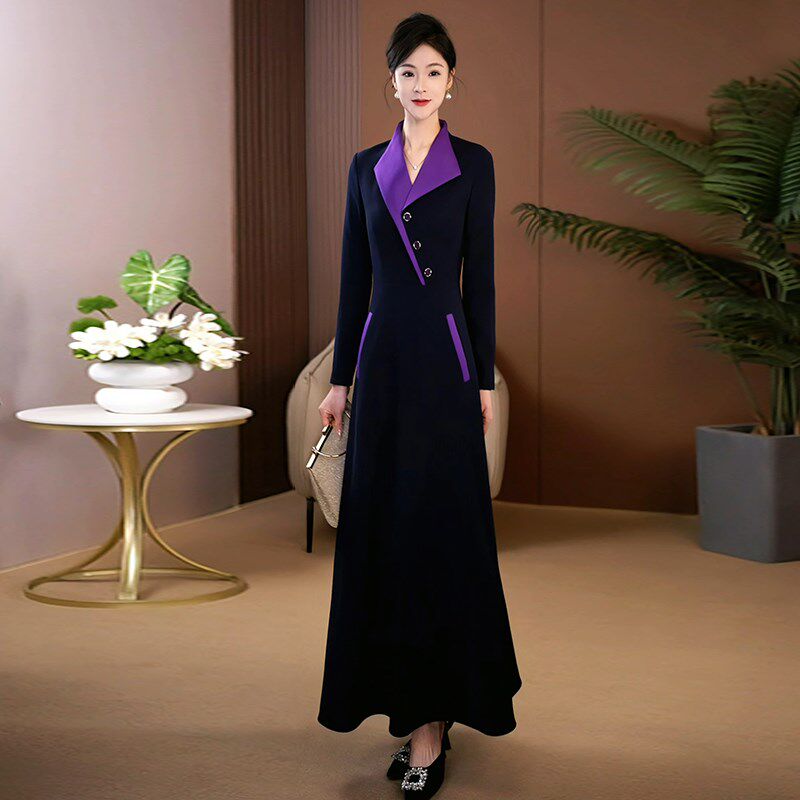 蓝色连衣裙2024新款女春秋正式场合气质裙子女式长袖高档长裙1050