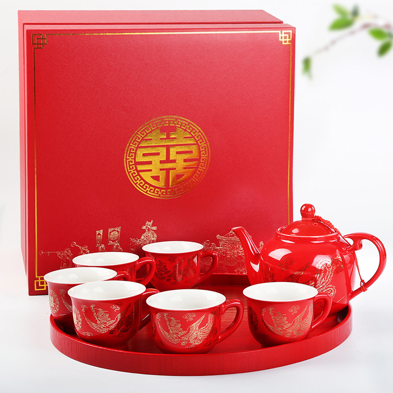 结婚新人敬茶杯茶具套装龙凤喜杯改口茶杯红色茶具婚庆嫁妆礼物
