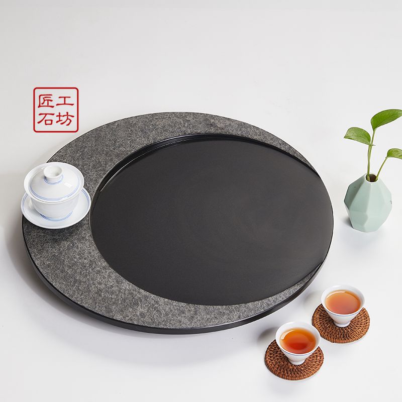乌金石茶盘天然整块石头圆形茶海小茶台家用排水创意茶具简约托盘