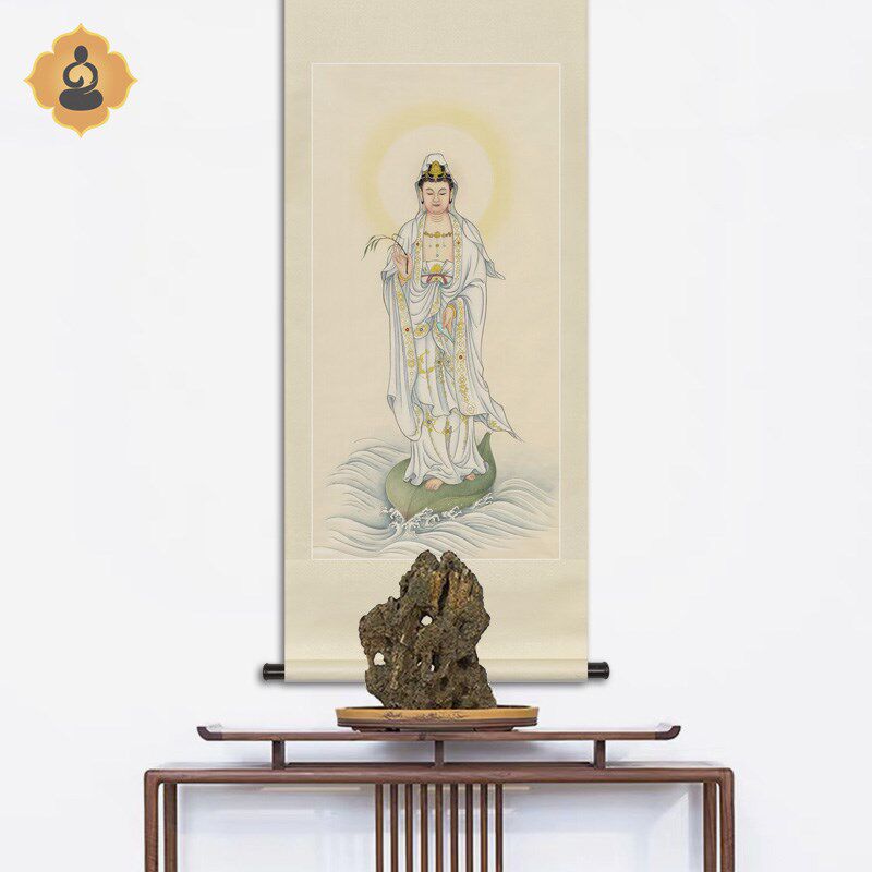 工笔人物国画一叶观音菩萨画像白衣观音洒水观音中式卷轴供奉挂画
