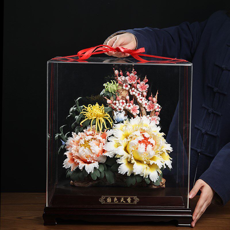 东方泥土 德化白瓷雕塑艺术品传统瓷花工艺客厅装饰摆件/国色天香