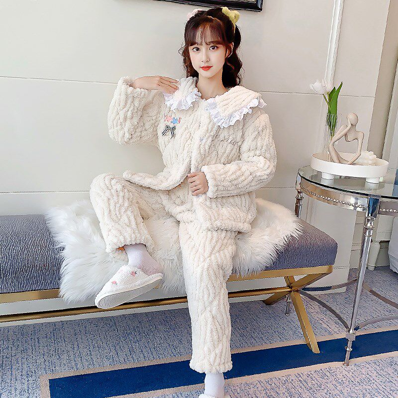 儿童睡衣冬季加厚款三层夹棉女童小孩珊瑚绒法兰绒花边保暖家居服