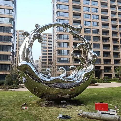 定制鲸鱼雕塑不锈钢镜面浪花雕像铸铜月亮戒指抽象圆圈大户外摆件