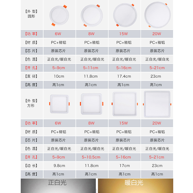 led筒灯天花灯嵌入式客厅6W8W15W可调节开孔灯15W超薄方形20W面板