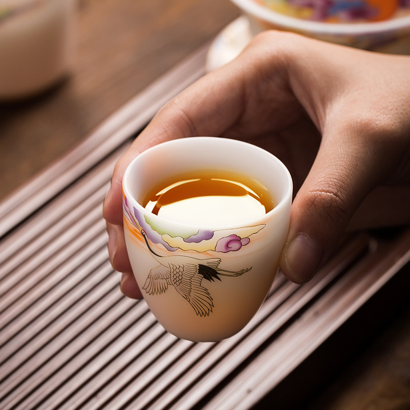匠仙仙鹤羊脂玉瓷功夫茶具套装家用描金白瓷陶瓷办公室会客家用