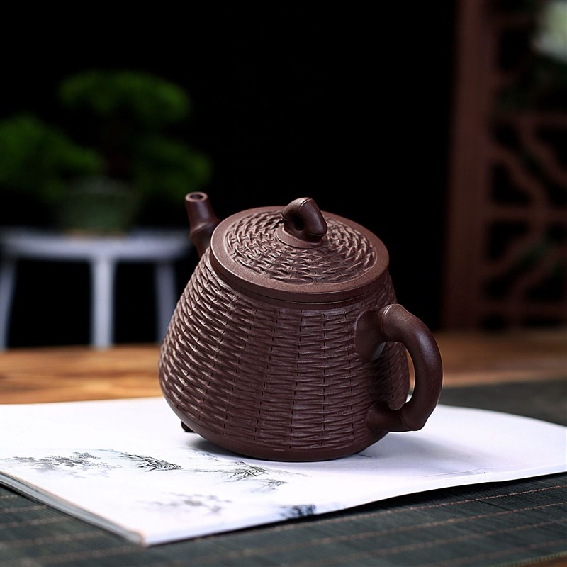 宜兴紫砂壶原矿紫泥竹编石瓢壶功夫茶具茶壶家用茶具
