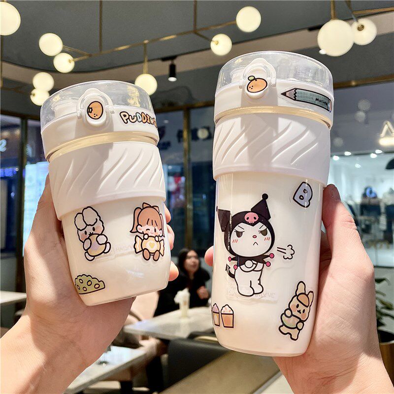 豆豆乐水杯可爱少女防烫双饮杯网红带吸管杯便携塑料简约随手杯