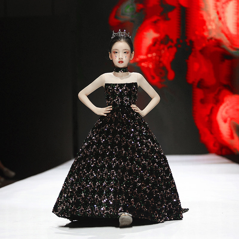 儿童礼服公主裙高端女童模特走秀t台主持人黑色高级感钢琴演出服