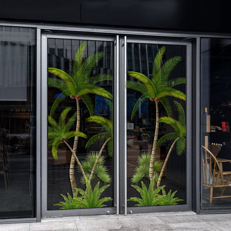 椰树绿植玻璃贴纸推拉门门贴咖啡店餐厅商场超大静电无胶窗花贴饰
