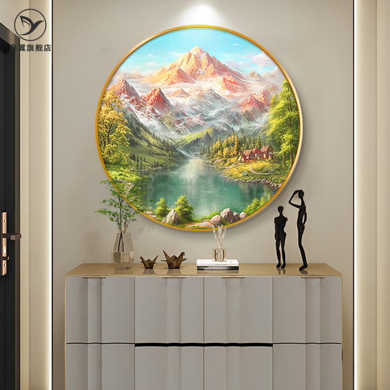 入户玄关装饰画圆形走廊过道壁画餐厅背景墙风景油画聚宝盆山水画
