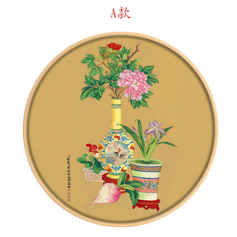 郎世宁平安富贵图牡丹花鸟装饰画客厅新中式玄关圆形装饰画复古