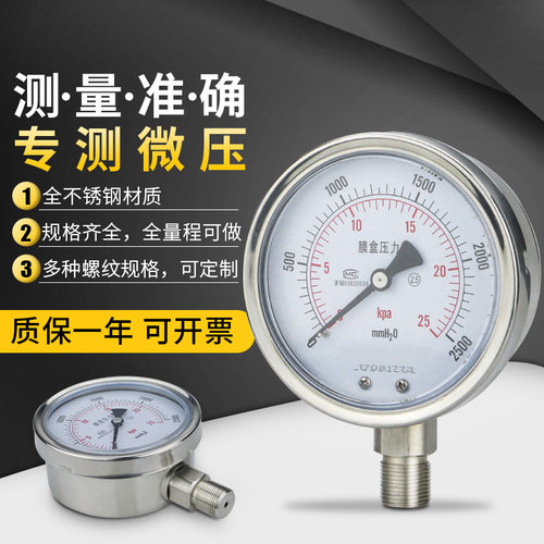 不锈钢膜盒压力表YE100BF 40KPa60耐硫压力表 耐高温耐腐蚀微压表