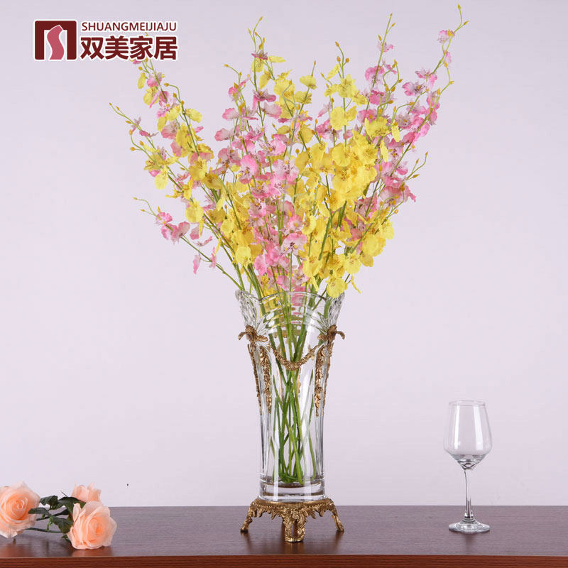 双美家居欧式水晶配铜花插客厅摆件样板房假花真花瓶花器桌面摆设