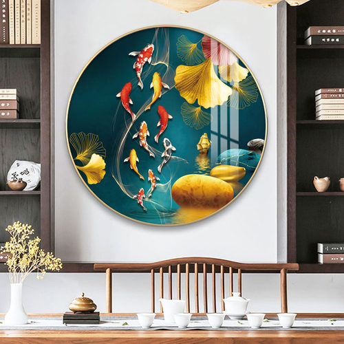 新中式九鱼图圆形装饰画办公室书房玄关挂画寓意好的招财聚财壁画