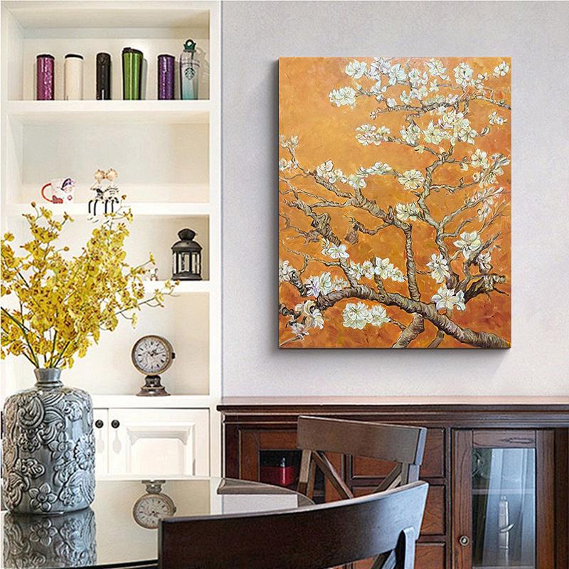 手绘中古风客厅梵高杏花新古典油画 港式简约风玄关过道挂画四合