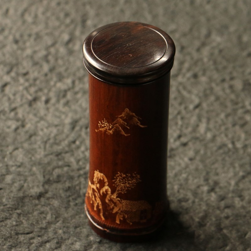 百年拆房老煤竹黑檀木口盖纯手工精工雕刻茶道茶叶罐茶仓竹雕