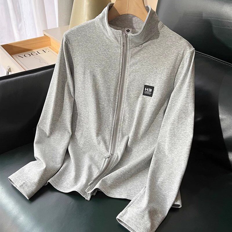 新款2024女装纯棉春夏薄款开衫卫衣女立领修身外套两头拉链上衣