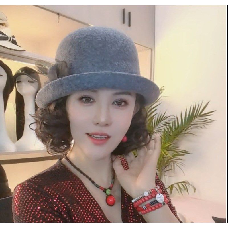 假发一体毛呢礼帽女秋冬时尚高贵遮白发逼真假发帽子中年妈妈礼帽