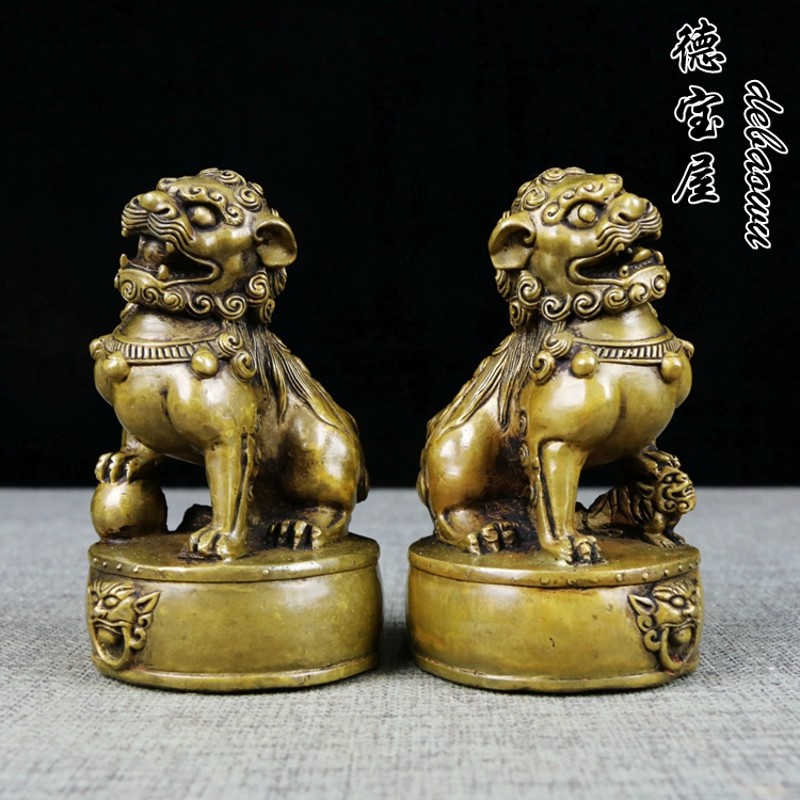 古典铜狮子摆件一对小号踩鼓狮子家居门口厅创意装饰摆设中式复古