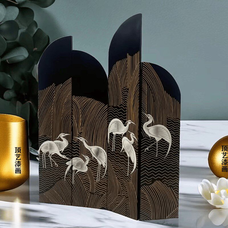 异型手绘金箔银箔漆画屏风移动折叠屏风客厅茶室隔断背景定制尺寸
