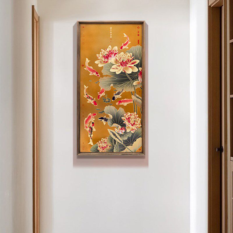 锦鲤荷花九鱼图走廊玄关中式装饰画金色大气高级实木挂画新家好礼
