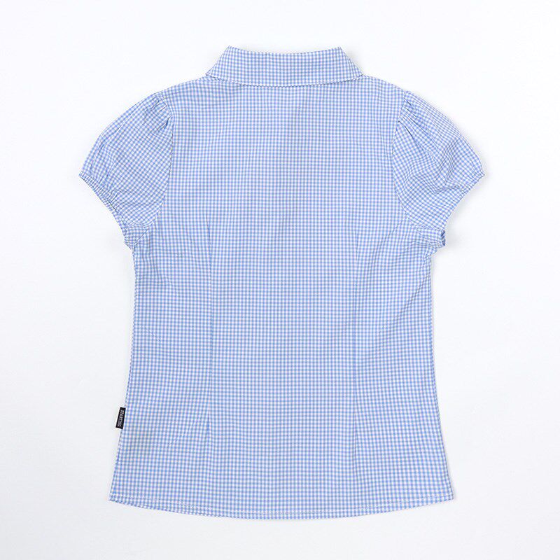 夏装纯棉短袖校服小学生女童蓝色格子浅蓝圆领初中生衬衫礼服班服