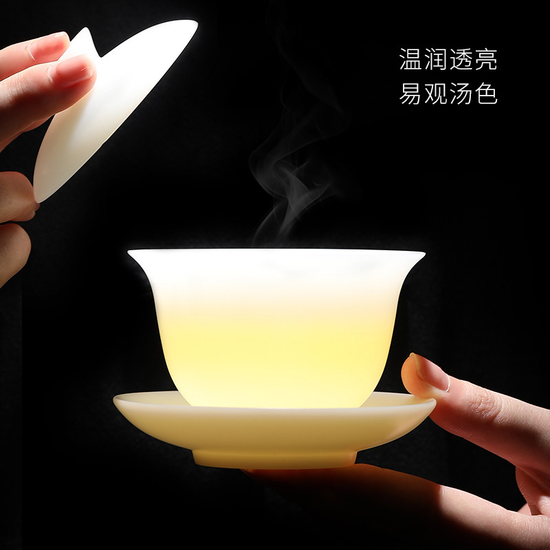妙莲天香手工白瓷冰种玉瓷盖碗高档三才茶碗茶杯单个功夫茶具套装