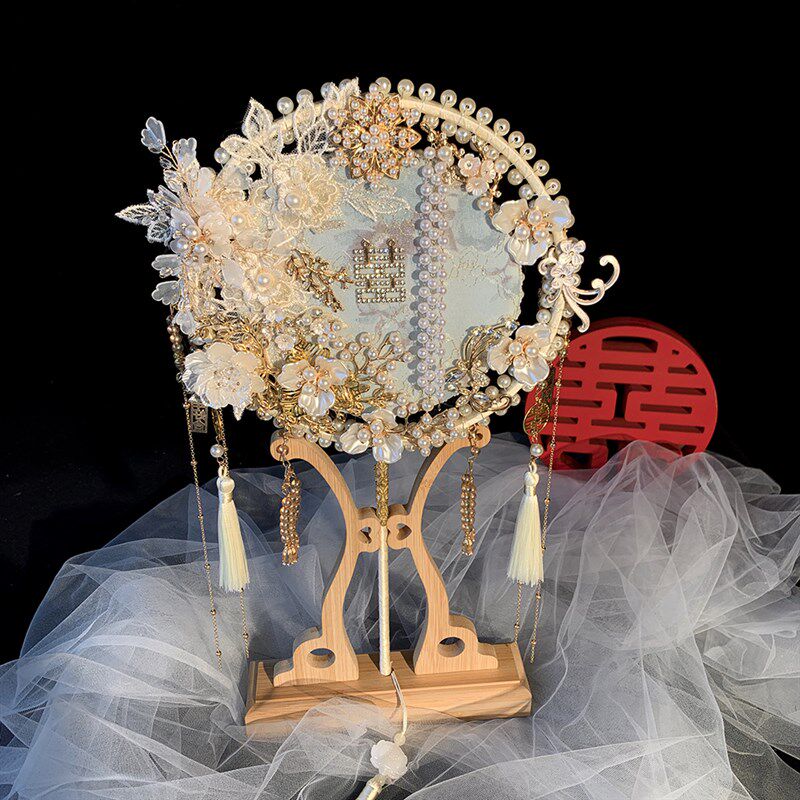 中式新娘结婚礼团扇DIY材料包浅蓝色秀禾服出嫁手捧花双面喜扇子