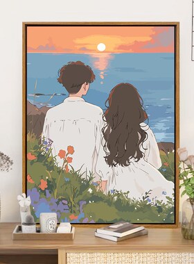 海边浪漫情侣数字油画diy填充涂色填色画打发时间手作手绘丙烯画
