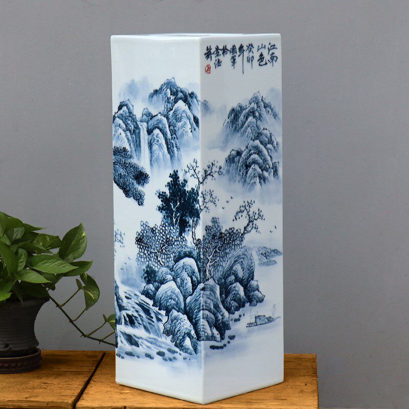 吴国军大师手绘精品花瓶青花瓷釉下彩景德镇陶瓷器四方镶气山水