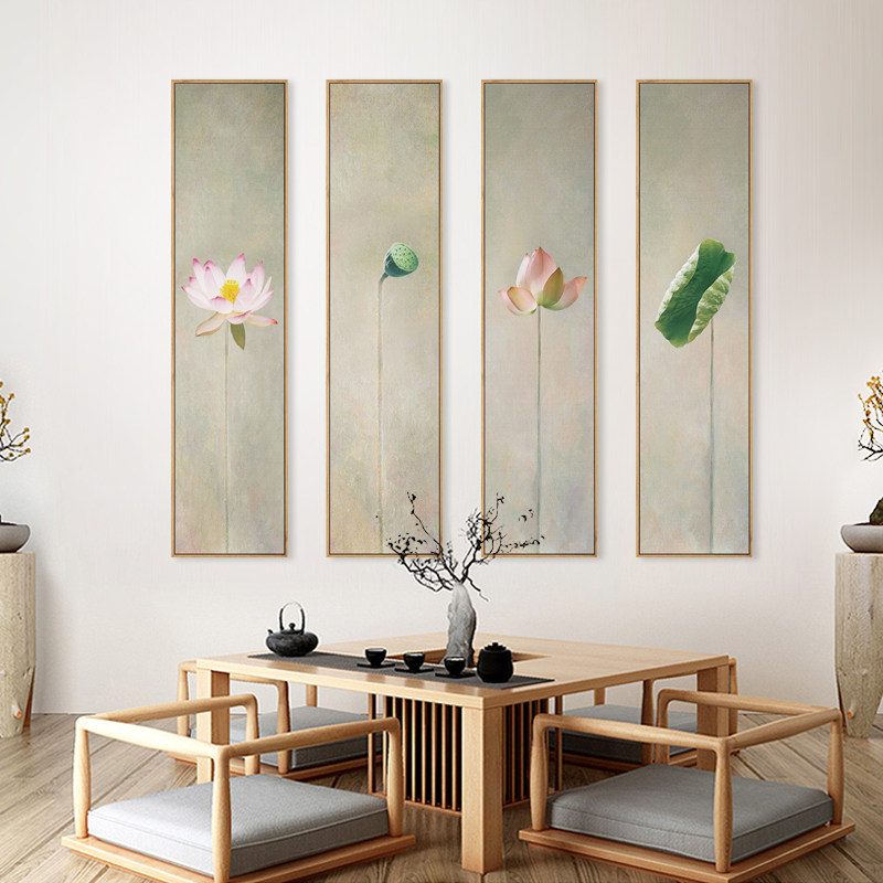 新中式禅意荷花装饰画茶室玄关背景墙画竖版长条墙面装饰莲花挂画