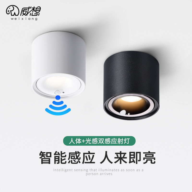 人体感应明装射灯入户门厅过道走廊灯光控一体楼道车库灯感应筒灯图片