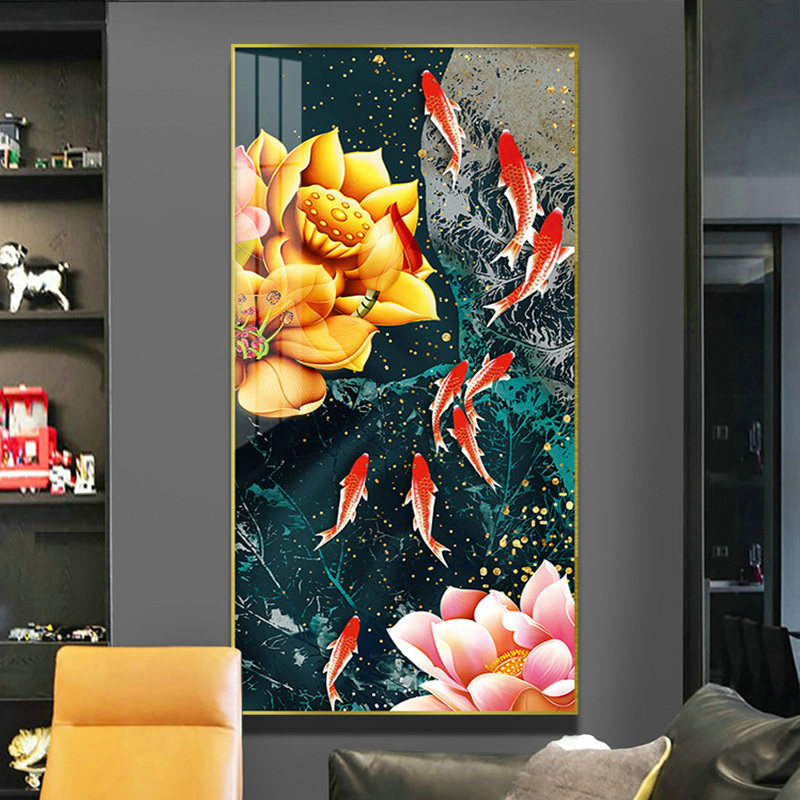 新中式入户墙荷花九鱼图玄关装饰画银杏叶竖版走廊晶烤瓷壁画镶钻