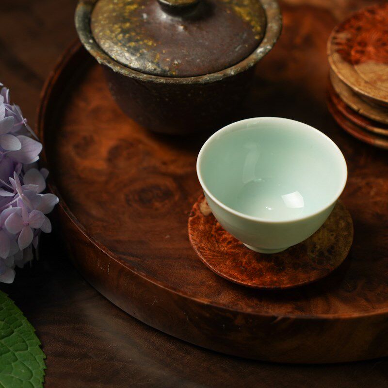 缅甸花梨瘿木瘤杯托 手工车璇日式复古杯垫实木家用轻奢壶承茶托