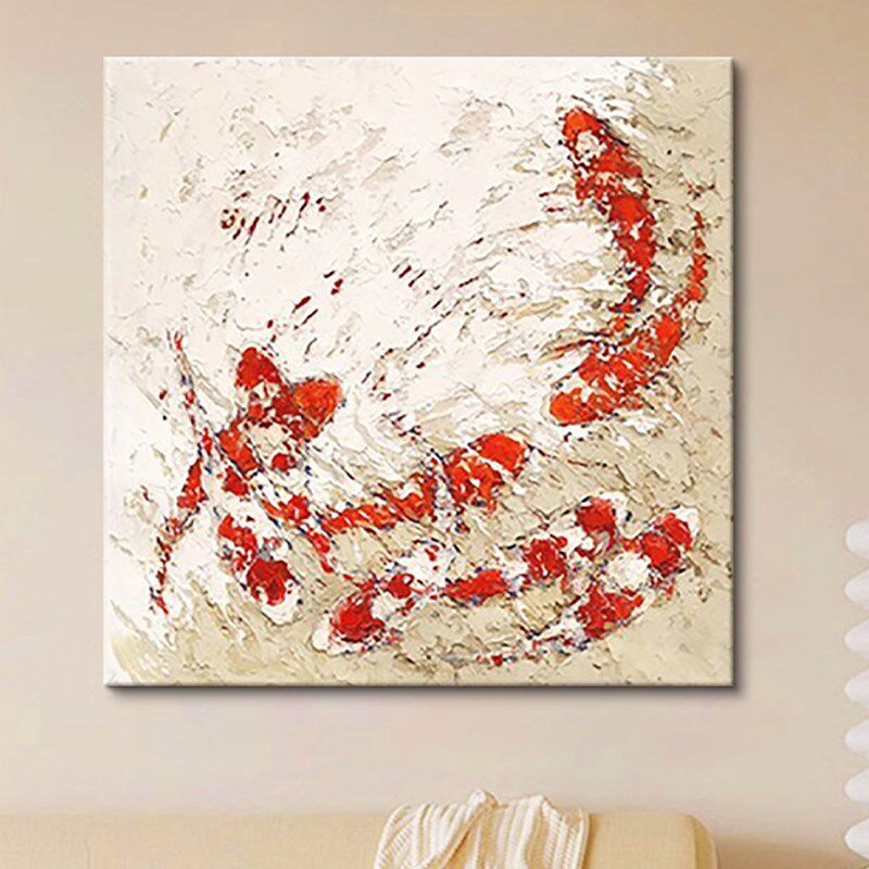 奶油风九鲤图手绘油画红色锦鲤客厅装饰画新中式餐厅肌理玄关挂画