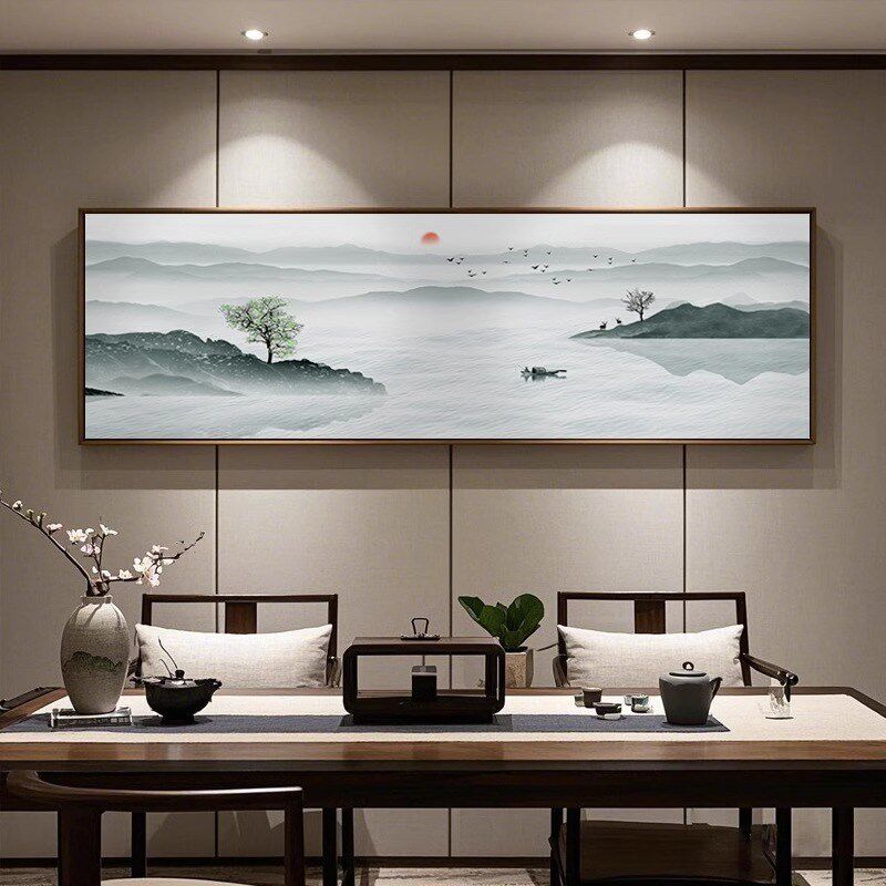 新中式禅意茶室装饰画客厅沙发背景墙挂画靠山图山水画办公室壁画