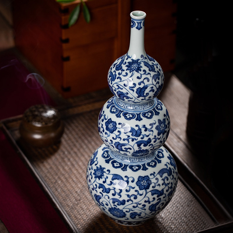 景德镇陶瓷青花瓷花瓶餐桌客厅酒柜装饰品高端葫芦瓶瓷器摆件大号