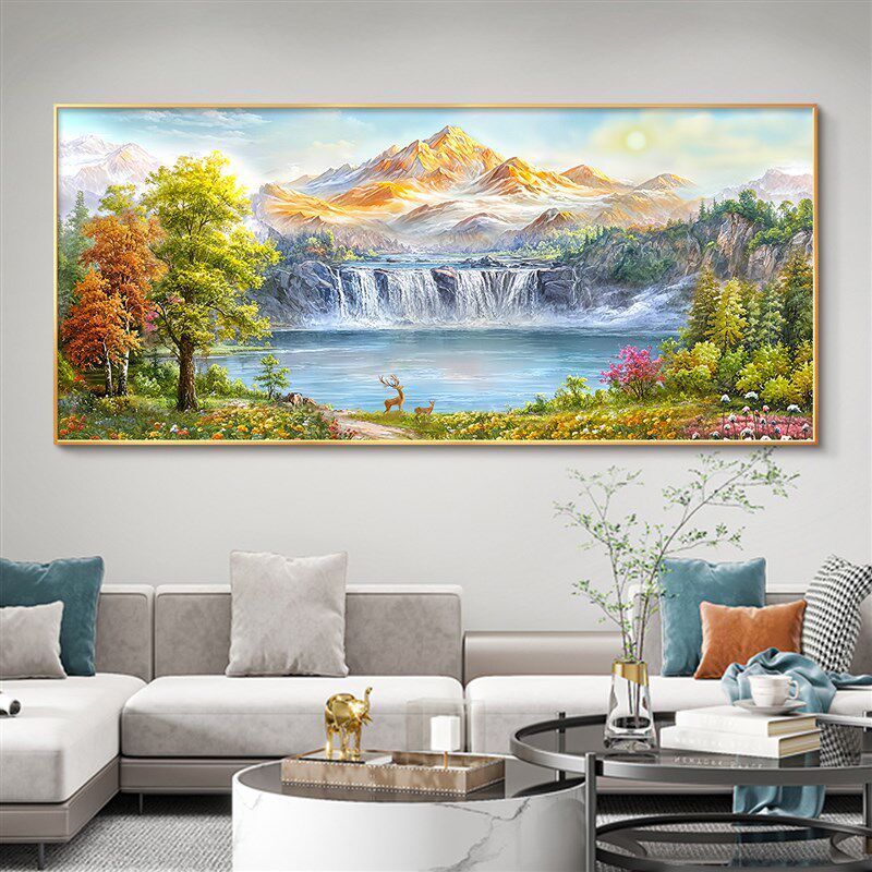 日照金山客厅装饰画聚宝盆山水画靠山图轻奢高级感沙发背景墙挂画