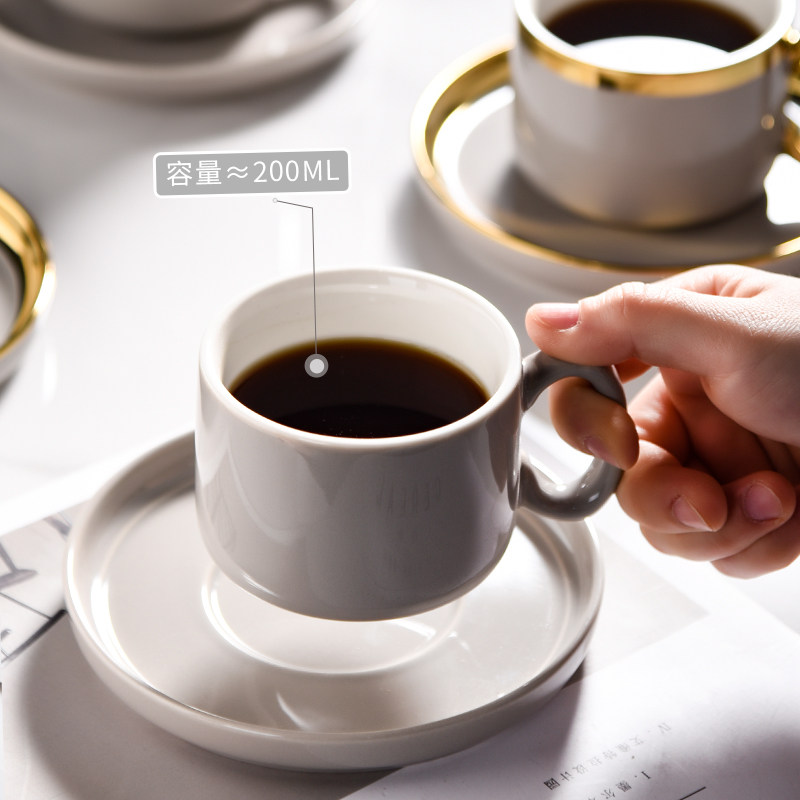 欧式小奢华咖啡杯套装带托盘办公室灰色咖啡杯碟金边下午茶杯碟勺