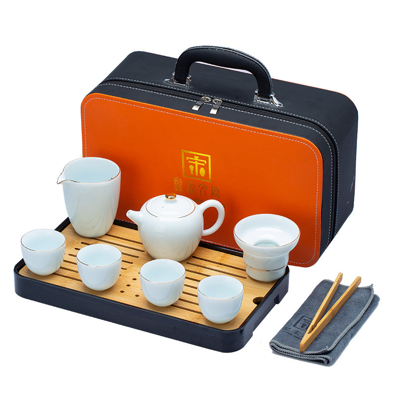 旅行功夫茶具小套装家用简约泡茶壶影青陶瓷茶杯户外茶盘便携式包